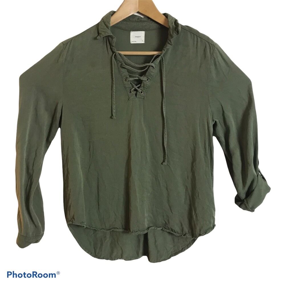 Harper Womens Size Small Army Green Pullover Convertible Sleeve Shirt Lace-Up
